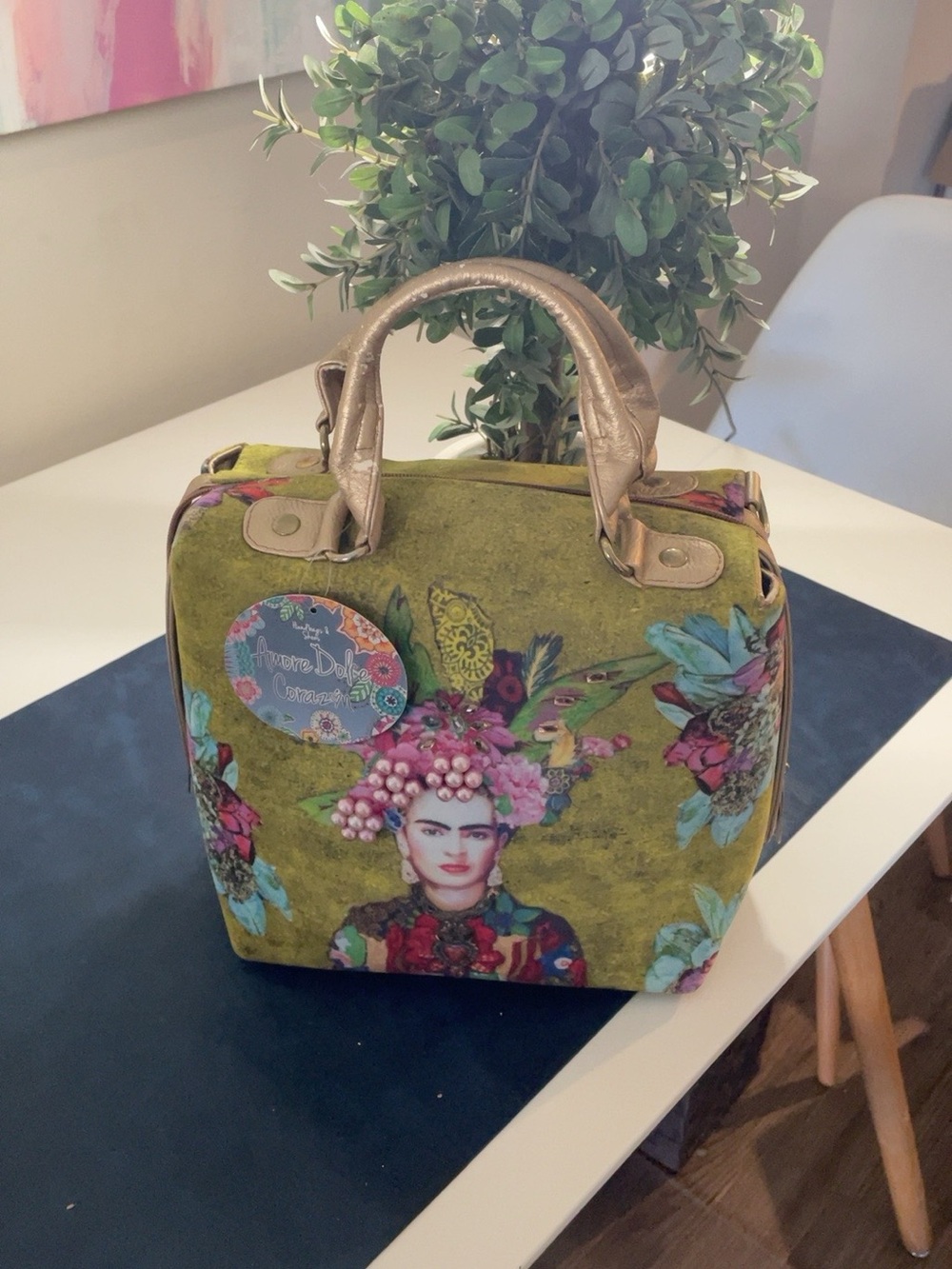 Frida-Inspired Olive Green Cosmetic Case with Gold Handles